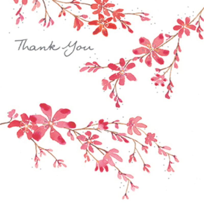 This Thank You greetings card from Paper Rose is decorated with pink blossom and has Thank You written on the front. The card has been left blank inside fo you to write  your own message. It comes complete with an envelope and is a lovely greetings card from Paper Rose to thank someone.